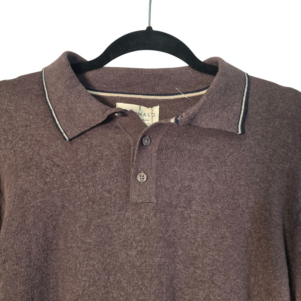 😀 Larsson & Co Mens Long Sleeve Knit Polo Sweater Brown Recycled Cotton